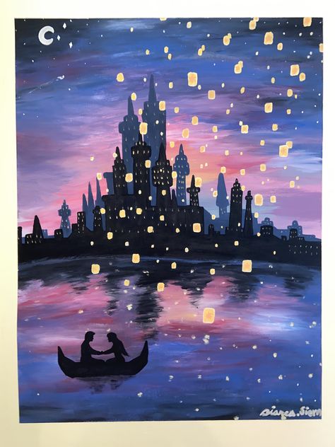 #tangled #disney #paiting #acrylic #acrylicpainting #mural #wallart #art #princess #lanterns #room #castle Tangled Castle With Lanterns, Rapunzel Castle Painting, Disney Artwork Paint, Painting Of Castle, Cute Paintings Disney, Tangled Castle Painting, Disney Theme Painting, Tangled Acrylic Painting, Tangled Castle Drawing