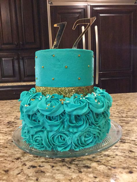 cake Turquoise Cakes Birthday, Teal Bday Cakes, Turquoise And Gold Birthday Cake, 2 Tier Teal Birthday Cake, Torquise Cake Design, Teal Cake, Blue Sweet 16, Tiffany Cakes, Sweet Sixteen Cakes