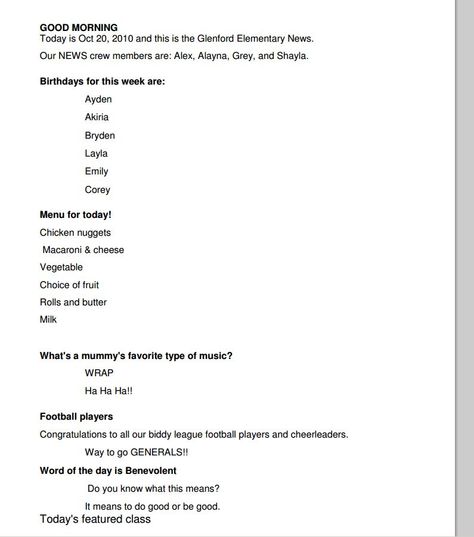 Morning Announcements example pg.1                                                                                                                                                                                 More Morning Announcements Elementary Script, School Morning Announcements Ideas, School Announcements Ideas, Morning Announcements Elementary, Broadcast Journalism, Morning Announcements, Good Morning Today, School Improvement, Morning News