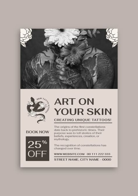 Elegant B&W Tattoo Flyer Tattoo Flyer Graphic Design, Tattoo Flyer Design, Tattoo Poster Design, Baphomet Tattoo, W Tattoo, Elegant Flyer, Flor Tattoo, Logo Reference, Posters Ideas