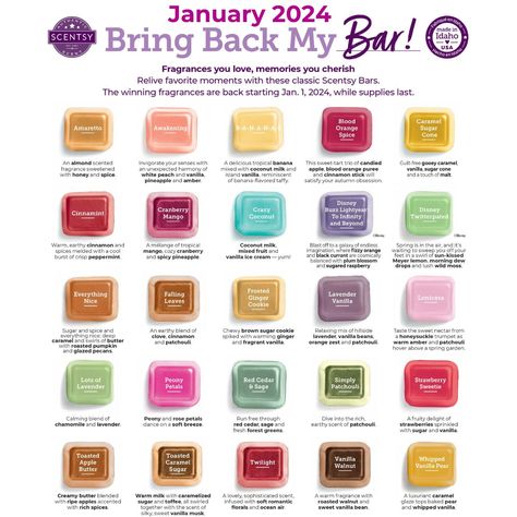 Scentsy Bring Back my Bar January 2024 Winners Scentsy Spring Summer 2023, Scentsy Club, White Chocolate Ice Cream, Scentsy Posts, Kid Laundry, Selling Scentsy, Sugar Cones, Scentsy Consultant Ideas, Essential Oil Diffuser Blends Recipes