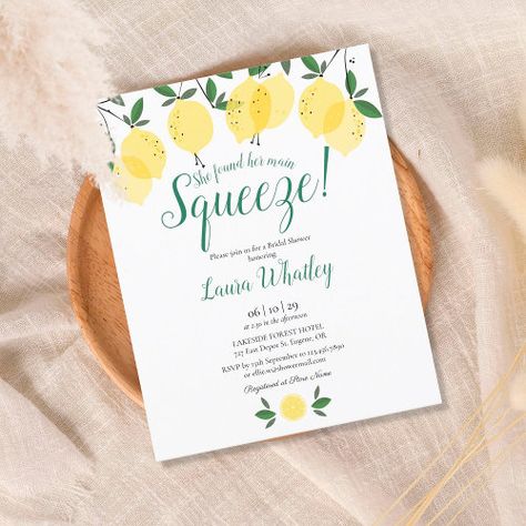 $1.27 | Main Squeeze Lemon Bridal Shower Budget Invitation #bridal shower, elegant, modern, rustic citrus lemons, country garden outdoor greenery floral, calligraphy script, she found her main squeeze, budget, affordable, low budget bridal shower invitation Bridal Shower Budget, Bridal Shower Elegant, She Found Her Main Squeeze, Found Her Main Squeeze, Outdoor Greenery, Wedding Invitation Message, Invitation Etiquette, Modern Bridal Shower, Couples Shower Invitations