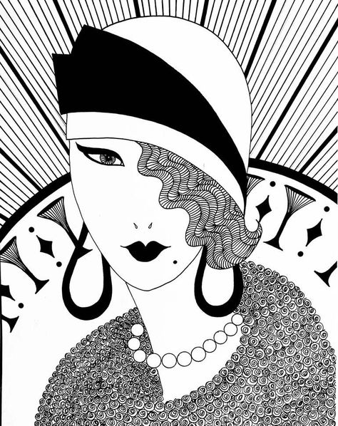 Original Art Marker/Ink Drawing, measuring: 21.6W x 27.9H x 0.3D cm, by: Dulcie Dee (United States). Styles: Illustration, Modern, Conceptual, Art Deco, Portraiture. Subject: Portrait. Keywords: Earrings, Art Deco, Hat, Woman, Black And White, Diamond, Linear, Necklace, Graphic, Cloche, Collar, Wavy Hair. This Marker/Ink Drawing is one of a kind and once sold will no longer be available to purchase. Buy art at Saatchi Art.#portraitart #painting #blackandwhite #portraiture #artisticportraits Art Deco Faces Illustrations, Portrait Palette, Art Deco Fashion Illustration, Woman Black And White, Art Deco Portrait, Art Deco Illustrations, 1920 Art, Portrait Artists, Doddle Art