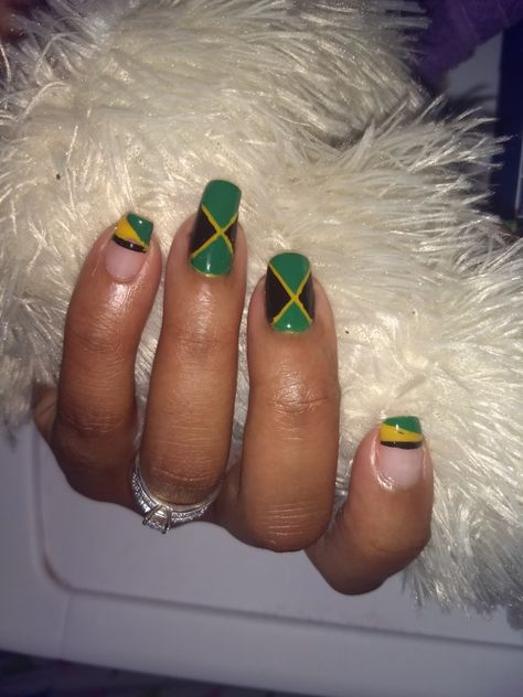 Jamaican Flag Nail Art Jamaican Tattoos For Women, Nails For Jamaica Vacation, Jamaican Nail Designs, Jamaican Tattoos, Flag Nail Art, Jamaica Nails, Rasta Nails, Flag Nails, Kids Nail Designs