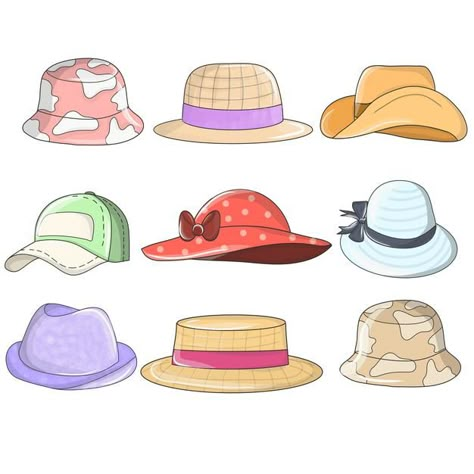 Sombreros y gorros. sombreros con estilo... | Premium Vector #Freepik #vector #mujer #hombre #deporte #dibujos-animados Hat Accessories Drawing, Hat Fashion Illustration, Hat Illustration, Bucket Hat Sketches Design, Hat Drawing, Bucket Hat Flat Sketch, Cartoon Sombrero, Drawing Hats, Color Wheel Art