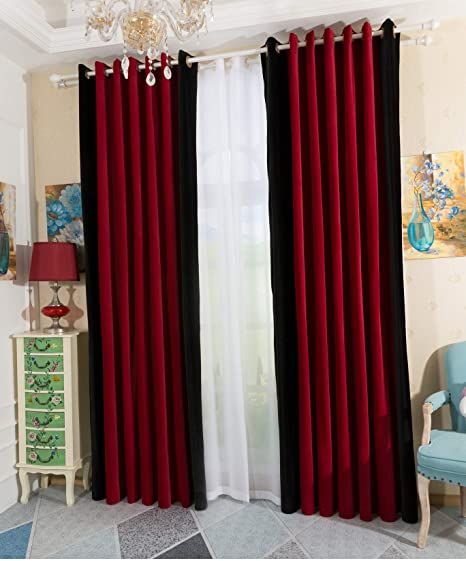 Curtains With Black Furniture, Curtains Color Combinations, Red And Black Curtains, Black Curtains Living Room, Red Curtains Living Room, Maroon Curtains, Curtain Interior, Big Mirrors, Burgundy Curtains