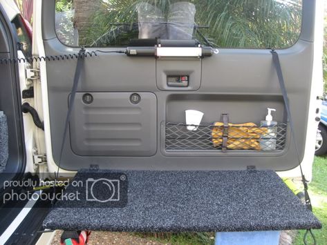 D.I.Y camp/rear door table - PradoPoint - Toyota Prado 4x4 Landcruiser Forum Toyota Prado Camping Set Up, Prado Camper, Pajero Camping Setup, Suv Storage, Tailgate Table, Suv Camper, Minivan Camper Conversion, Door Table, Towing Vehicle