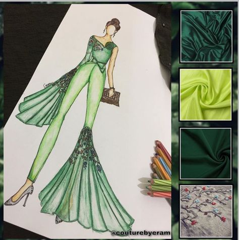 #board A green dress gives the calm we need in this world full of chaos.💚☘️ ▪️ ▪️ In this illustration i have used silk fabric ( green colour ) mesh i used on sleeve & bell bottom of trouser on one side . ▪️ Hope u all like it , Bell Bottom Illustration, Cool Colour Dress Illustration, Trouser Illustration Sketches, Green Fashion Illustration, Fashion Design Collection Illustration, Trouser Illustration, Trousers Illustration, Basic Illustration, Fashion Illustration Template