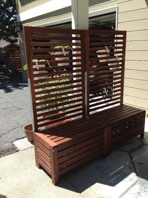 I realized the Applaro wall panels are meant to be attached to a wall instead of a freestanding bench and trellis. So I hacked it instead. Ikea Garden, Arbor Bench, Patio Privacy Screen, Balkon Decor, Balcony Privacy, Patio Privacy, Garden Privacy, Backyard Privacy, Privacy Walls