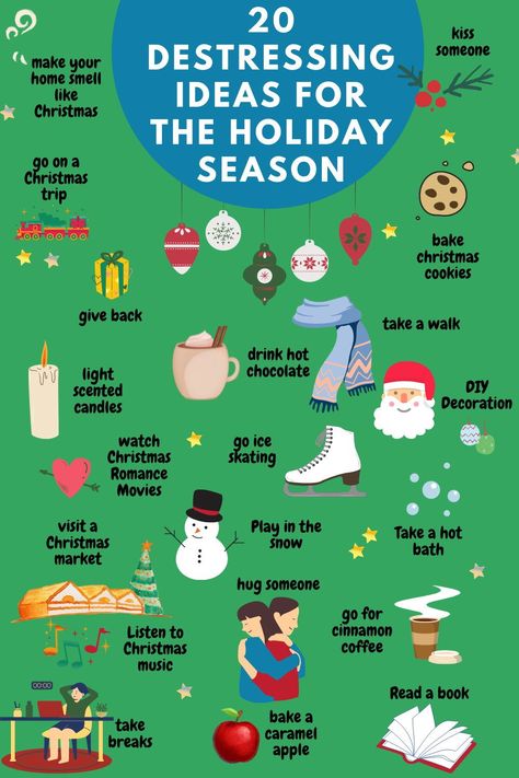 Wondering how to have a relaxing Christmas? Here are 20 stress relieving activities to have a cozy calm Christmas. They are also quick ways to destress from work. Fun destress activities / DIY destress activities / easy destress activities Destress Activities, Home Smell Like Christmas, Calm Christmas, Relaxing Christmas, Smell Like Christmas, Christmas Travel Destinations, Christmas Skating, Ways To Destress, Christmas Tress