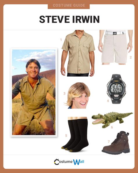 The best costume guide for dressing up like Steve Irwin. Cosplay the late, great Australian wildlife warrior known as The Crocodile Hunter. Irwin Family Halloween Costume, Steve Irwin Family Costume, Crocodile Hunter Family Costume, Steve Irwin Halloween Costume, Australian Halloween Costumes, Australian Costume Ideas, Crocodile Hunter Couple Costume, Crocodile Hunter Costume, Steve Irwin And Crocodile Costume