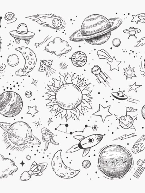 "Galaxy - cosmos, moon and stars" Sticker by idea-factory | Redbubble Doodle Space Drawings, Easy Universe Drawing, Universe Doodle Art, Alien Doodle Art, Universe Drawing Ideas Easy, Space Stuff To Draw, Space Drawings Ideas, Space Words Aesthetic, Aesthetic Space Drawings