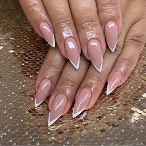 V Shaped French Tip Nails Stilleto, French Claw Nails, Deep V French Tip Nails Almond, Almond Nails With Line Design, Pointed French Nails, Stilleto Frenchies, Slanted French Tip Nails, Stilleto Nails 2024, French Manicure Stiletto Nails