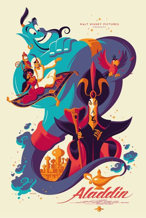 Aladdin 25 Beautifully Reimagined Disney Posters That Capture The Magic Of The Films Vintage Disney Posters, Tom Whalen, Disney Poster, Disney Movie Posters, Animation Disney, Retro Disney, Disney Posters, Disney Vintage, Disney Artwork