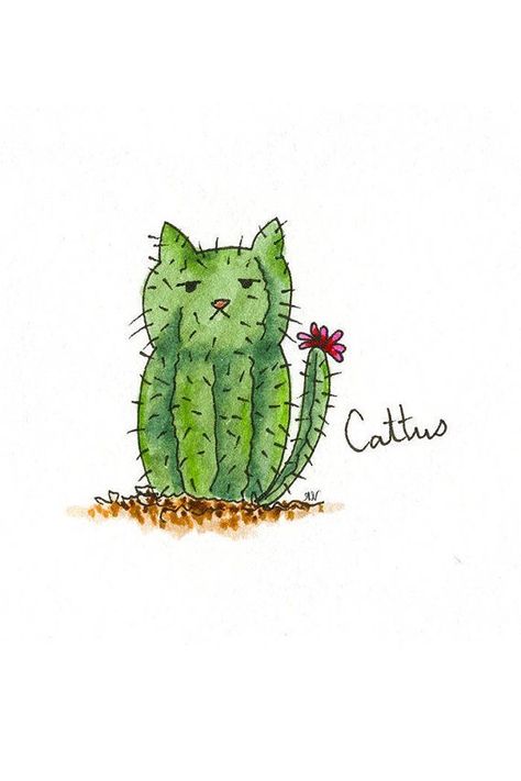 Cat Illustration Art, Cactus Home Decor, Cactus Wallpaper, Garden Cactus, Cactus Cat, Cactus Tattoo, Whimsical Nature, Cute Puns, Art Watercolour