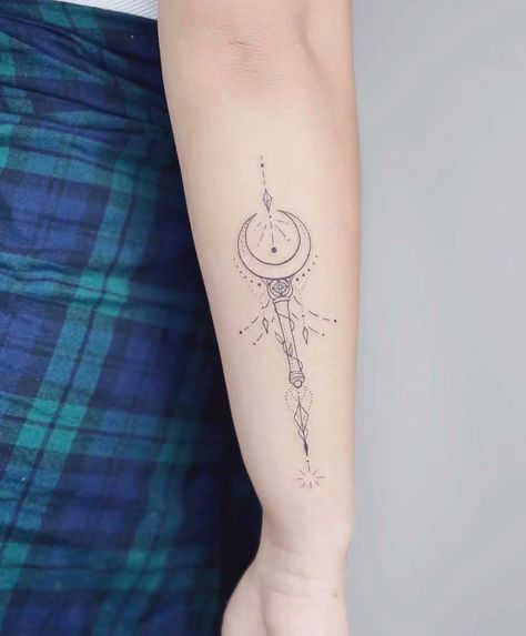 Celestial Wrist Tattoo, Sailor Moon Hand Tattoo, Sailor Moon Staff Tattoo, Sailor Moon Tattoo Minimalist, Sailor Moon Wand Tattoo, Sailor Moon Tattoo Wand, Sailor Moon Tattoo Ideas, Sailor Moon Tattoo Ideas Minimalist, Fine Line Sailor Moon Tattoo