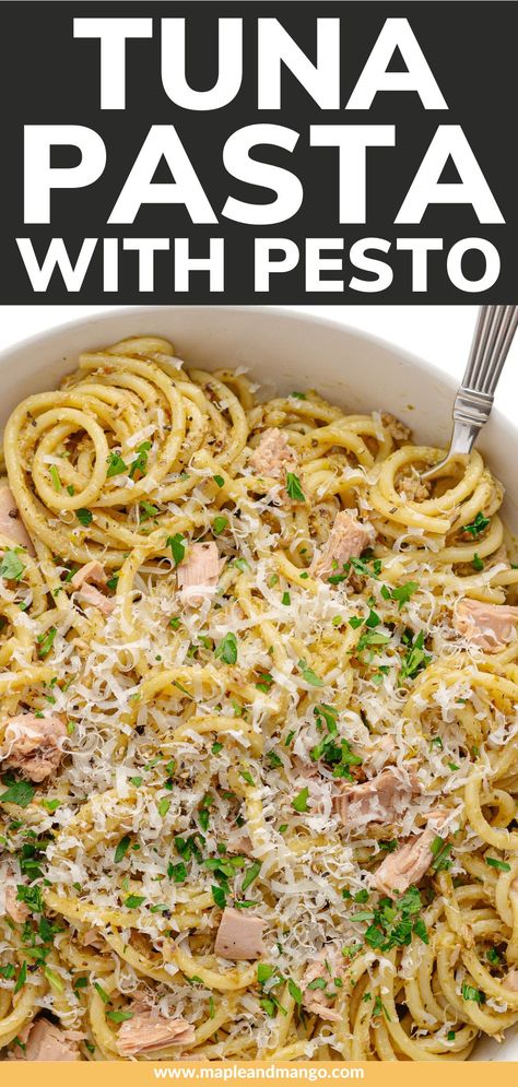 This quick and easy tuna pasta with pesto recipe is so simple yet absolutely delicious! It's the perfect dinner for those busy weeknights - a one pot meal that is ready in 20 minutes. | www.mapleandmango.com Canned Tuna Pasta, Tuna Pesto Pasta, Easy Tuna Pasta, Pasta With Pesto, Fast Easy Dinner, Pesto Pasta Recipes, Canned Tuna, Tuna Pasta, One Pot Meal