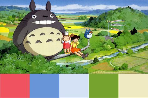 The Colours of My Neighbour Totoro (1988) Directed by Hayao Miyazaki My Neighbor Totoro Color Palette, Totoro Color Palette, Ghibli Color Palette, Neighbour Totoro, Movie Color Palette, My Neighbour Totoro, Disney Princess Colors, Color Design Inspiration, Hex Color Palette