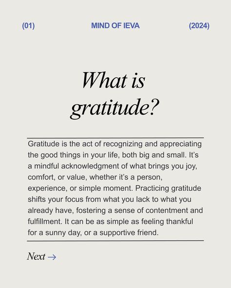 How to Practice Daily Gratitude 🙏🏻 Are you ready to change your focus and notice your abundance?🪄 Gratitude is the act of recognizing and appreciating the good things in your life, both big and small. It’s a mindful acknowledgment of what brings you joy, comfort, or value, whether it’s a person, experience, or simple moment. Swipe 👉🏻 to discover how you can start practice gratitude every day It’s all about appreciating the little things in life ✨ 💬 What are you grateful for today? Share... 21 Day Gratitude Challenge, Grateful For People In My Life, Daily Mindfulness Practice, Ways To Practice Gratitude, How To Practice Gratitude, Things To Be Grateful For, Gratitude Journal Aesthetic, Mind Reprogramming, Self Gratitude