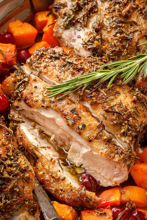 Garlic-Herb Butter Roasted Turkey Thighs — A no-fuss easy roasted turkey recipe filled with the most succulent flavors! Easy Roasted Turkey, Butter Roasted Turkey, Turkey Thigh Recipes, Roasted Turkey Thighs, Turkey Thigh, Roasted Turkey Recipe, Roasted Turkey Legs, Turkey Leg Recipes, Turkey Thighs