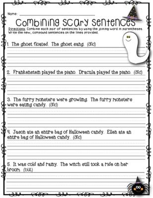 Mrs. Heeren's Happenings: freebie Scary Sentences, Halloween Sentences, Simple And Compound Sentences, Complex Sentences Worksheets, Combining Sentences, Types Of Sentences Worksheet, Sentence Activities, Third Grade Writing, October Ideas