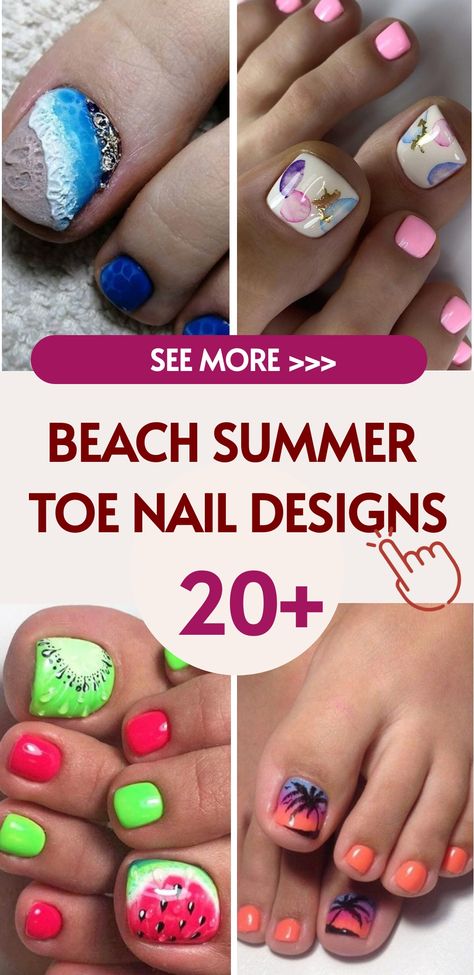 The warmth of the sand, the refreshing ocean breeze, and the gentle waves lapping at the shore; the beach season brings with it a playful and vibrant vibe Nail Design Palm Tree, Palm Tree Toe Nail Designs, Tropical Toe Nail Designs, Summer Toes 2024, Beach Toenails, Short Beach Nails, Beach Toe Nails, Beach Pedicure, Toenail Art Designs