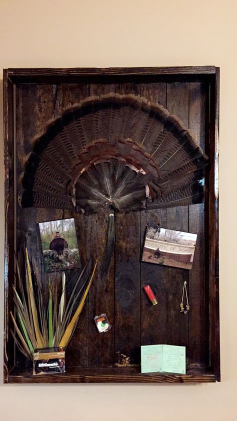 Turkey Fan Display Ideas, Turkey Tail Feather Mounts, Hunting Shadow Box Ideas, Turkey Mounts Ideas, Turkey Fan Mount Ideas Diy, Turkey Mount Ideas Display, Turkey Feather Mount, Turkey Mounts Taxidermy, Turkey Mount Ideas