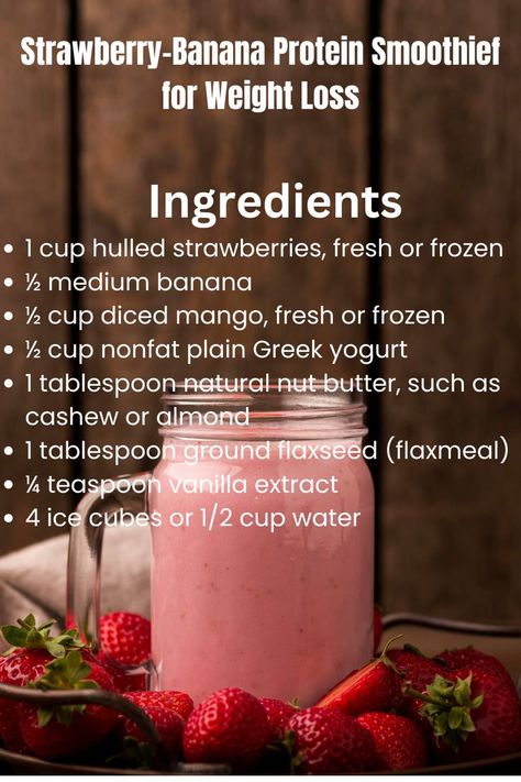 Discover this delicious Strawberry-Banana Protein Smoothie for weight loss. It's packed with strawberries, banana, mango, Greek yogurt, nut butter, flaxseed, and vanilla. Blend for a nutritious, refreshing drink to start your day right. Try it now! High Protein Smoothie Recipes No Powder, Strawberry Banana Protein Smoothie Recipe, Protein Smoothies Recipes, Mango Greek Yogurt, Banana Protein Smoothie, Banana Protein, Flaxseed, Strawberry Banana, Plain Greek Yogurt