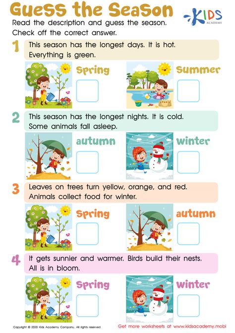 Weather Worksheets For Kids, Season Worksheet, Seasons Worksheets, Weather Worksheets, 1st Grade Science, English Exercises, English Worksheets For Kids, 1st Grade Worksheets, English Language Teaching