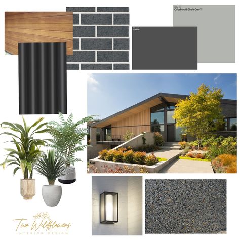 Exterior Facade Mood Board, Exterior Mood Board Home, Mood Board Exterior Design, Architecture Mood Board Inspiration, Exterior Design Mood Board, Moodboard Exterior Design, Mood Boards Architecture, Facade Mood Board, Landscape Mood Board