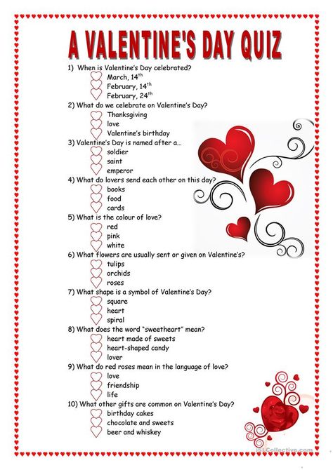 A Valentine's Day Quiz - English ESL Worksheets for distance learning and physical classrooms Valentines Quiz, When Is Valentines Day, Funny Trivia Questions, Trivia Questions For Kids, Valentines Games, Valentines Day Pictures, Quiz Questions And Answers, Trivia Questions And Answers, Valentines Printables Free