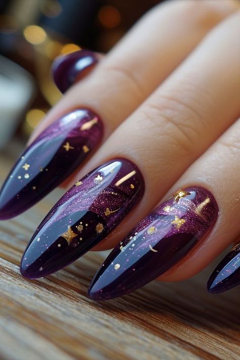 Dark Purple Nails, Plum Nails, Cherry Blossom Nails, Witchy Nails, Velvet Nails, Purple Nail Designs, Galaxy Nails, Smink Inspiration, Gold Nail