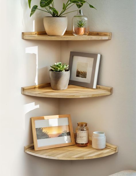 Ebern Designs Charleville 3 Piece Corner Pine Floating Shelf Farmhouse Rustic Corner Floating Shelf with Cord Hole | Wayfair Corner Shelf Ideas Living Room, Corner Hanging Shelves, Cozy Corner Bedroom, Corner Shelves Kitchen, Corner Floating Shelf, Corner Floating Shelves, Kitchen Corner Shelves, Corner Shelf Ideas, Bathroom Brown