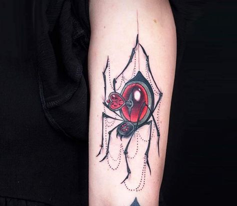 Spider tattoo by Chris Rigoni Hold Fast Tattoo, Black Widow Spider Tattoo, Taboo Tattoo, Neo Tattoo, Shin Tattoo, Red Cartoon, Gem Tattoo, Spirit Tattoo, Jewel Tattoo