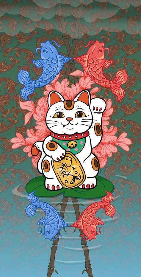 Lucky Cat Art, Cat Art Print, Lucky Cat, Cat Art, Black Cat, Coin, Art Print, Fish, Water