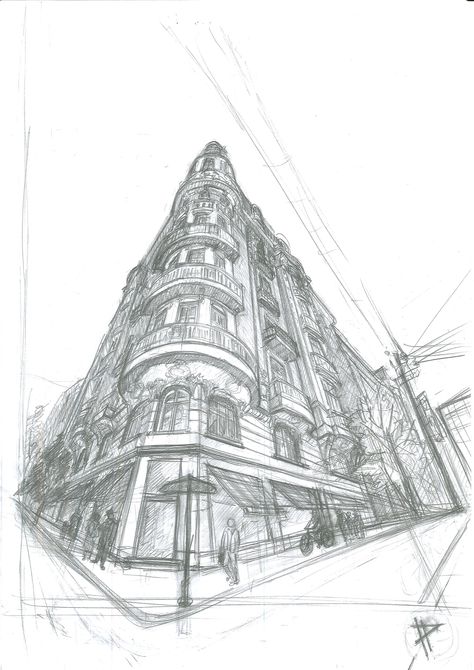 Sketch in 3 point perspective by ivan-petkov Ivan Petkov, 2 Point Perspective Drawing, Interior Perspective, 3 Point Perspective, Three Point Perspective, Perjalanan Kota, Perspective Sketch, Perspective Drawing Architecture, Perspective Drawing Lessons