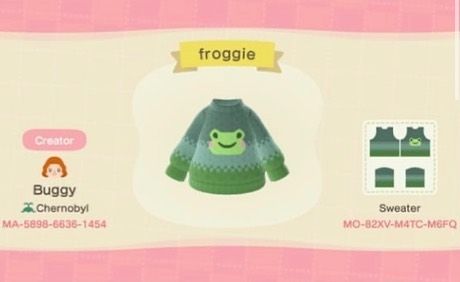 Rice 🍙 on Instagram: “🌷 Cute frog sweater and dress! 🌷 . . . . . . . . . . I did not make these!! 💕 Tags 🌷 #animalcrossingnewhorizons #animalcrossing…” Frog Sweater, Green Day Shirt, Acnh Kidcore, Sweater And Dress, Acnh Outfits, Chill Life, Clothing Codes, Minecraft Images, Acnh Clothes