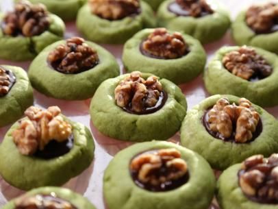 Matcha Thumbprint Cookies with Chocolate and Walnuts Recipe | Valerie Bertinelli | Food Network Food Network Valerie Bertinelli, Valerie's Home Cooking Recipes, Family Brunch Recipes, Maple Shortbread, Valerie Bertinelli Recipes, Walnuts Recipe, Matcha Cookies, Tea Cakes Recipes, Home Cooking Recipes