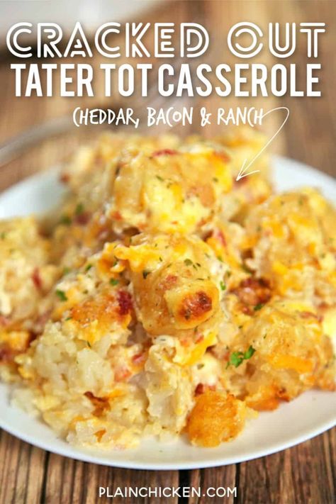 Cracked Out Tater Tot Casserole Recipe - easy Cheddar, Bacon and Ranch potato casserole using frozen tater tots. So simple and tastes amazing! The flavor combination is highly addictive!! Can freeze casserole for easy side dish later. Cracked Out Tater Tot Casserole, Ranch Potato Casserole, Frozen Tater Tots, Recipe With Sour Cream, Low Fat Soups, Tater Tot Casserole Recipe, Cracked Out, Tater Tot Recipes, Tater Tot Casserole Recipes