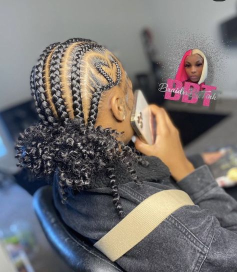 Birthday Hairstyles Cornrows, Straight Back Feed In Braids With Design And Curls, Four Braids Cornrow With Bun, Stitch Braids Into Bun With Curls, Stick Braids, Straight Back Feed In Braids With Design, Stitch Braids With Design, Hairstyle Natural Hair, Curly Hair Wavy