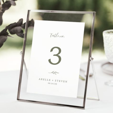 Minimal Leaf | Olive Green Wedding Table Number Olive Green Wedding Table, Green Wedding Table, Olive Green Wedding, Table Numbers Wedding Rustic, Olive Green Weddings, Rustic Table Numbers, Minimalist Mountain, Green Event, Wedding Table Number Cards