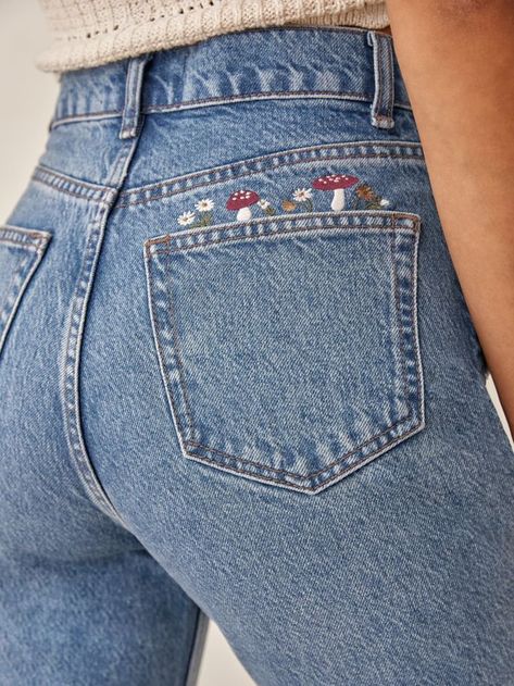 Embroidered Jeans Diy, Thrift Ideas, Mushroom Embroidery, Jeans Embroidery, Pegged Jeans, Pattern Outfits, Denim Embroidery, Patch Jeans, High Rise Straight Jeans