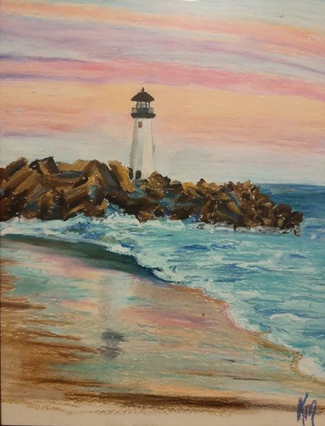 Oil Pastel Drawings Beach, Lighthouse Oil Pastel, Beach Pastel Art, Beach Colored Pencil Drawing, Oil Pastel Beach Scene, Ocean Pastel Drawing, Oil Pastel Ocean, Beach Oil Pastel, Oil Pastel Techniques