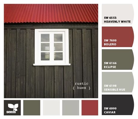 Paint colors from Chip It! by Sherwin-Williams Red Metal Roof House Colors, Homes With Red Roof, House Colors With Red Roof, Metal Roof Colors Schemes, Red Roof Exterior Paint Colors, Red Metal Roof, Red Roof House Colors Home Exteriors, Red Roof House Colors, Cabin Exterior Colors