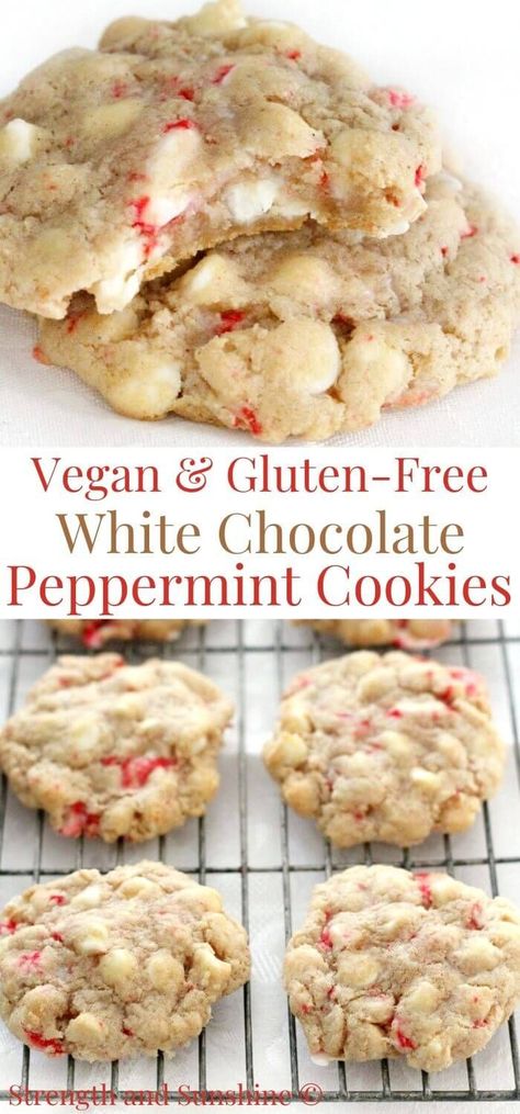 Vegan White Chocolate Peppermint Cookies (Gluten-Free, Allergy-Free) | Strength and Sunshine | The perfect holiday cookie recipe that tastes just like Christmas! These Vegan White Chocolate Peppermint Cookies are gluten-free, allergy-free, and full of dairy-free white chocolate chips and crushed peppermint candies! Easy and delicious, they're a fun addition to your seasonal cookie swap and dessert platters! #cookies #christmascookies #christmasrecipes #vegancookies #whitechocolate #peppermint White Chocolate Peppermint Cookies, Gluten Free Christmas Desserts, Dessert Platters, Crushed Peppermint, Gluten Free Dairy Free Dessert, Gluten Free Christmas Cookies, Vegan Christmas Cookies, Xmas Baking, White Chocolate Peppermint