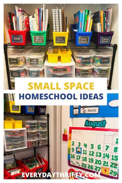 Pre K Homeschool Supplies, Homeschool In A Small Space, School Room Organization Homeschooling, Homeschool Room Kindergarten, Homeschool Preschool Organization, Organize Classroom Closet, Simple Homeschool Organization, Home School Room Kindergarten, Simple Homeschool Room Learning Spaces