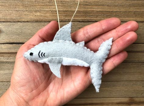 Shark Ornament, Shark Christmas, Twig Tree, Hemp Twine, Felt Embroidery, Personalized Ornaments, Felt Ornaments, Embroidery Floss, Felt Crafts