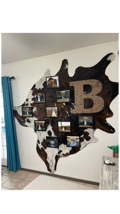 Cowhide, wedding, pictures, western Wedding Picture Wall, Dyi Wall Decor, Cowhide Wedding, Western Decor Living Room, Vintage Western Decor, Western Living Room Decor, Western Wall Decor, Western Bedroom Decor, Ranch House Decor