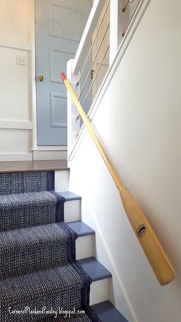 Beach House Stair Railings, Lake House Staircase, Nautical Stair Railing, Nautical Staircase, Nautical Stairs, Rope Railings For Stairs, Loft Railing Ideas Rustic, Nautical Basement, Rope Stair Railing