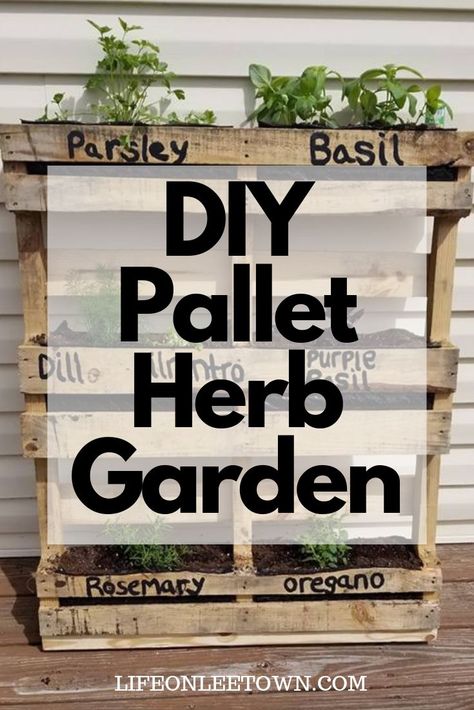 DIY Pallet Herb Garden Create this repurposed pallet herb garden for you back patio and enjoy fresh herbs all season long. Pallet Planter Ideas, Pallet Herb Garden, Patio Herb Garden, Herb Garden Pallet, Herb Garden Planter, Outdoor Herb Garden, Herb Wall, Planter Project, Diy Herb Garden